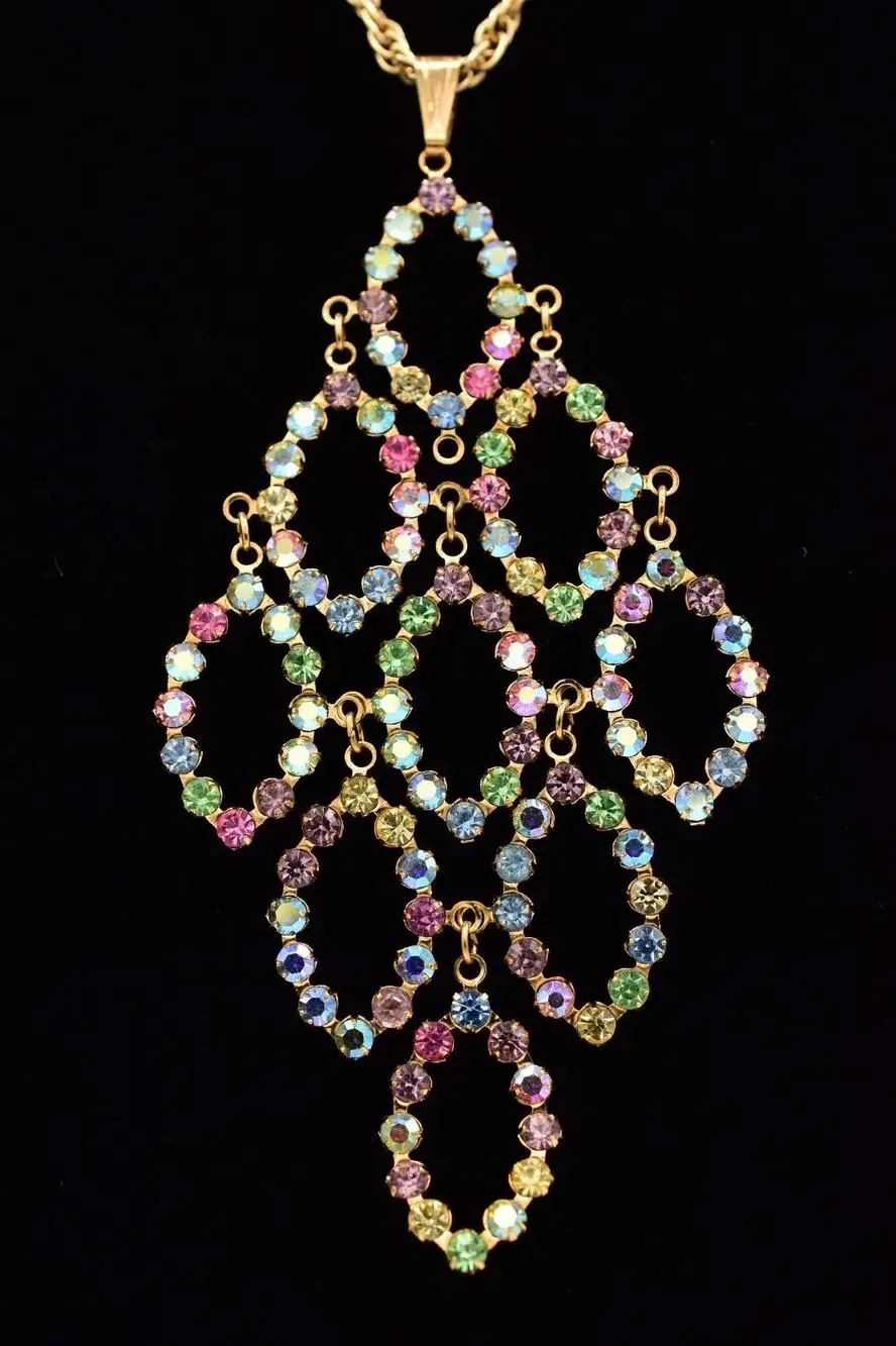 Vintage Crystal Pendant Multi-Color Rhinestone Prong Sparkling Gold 1980s BinBD